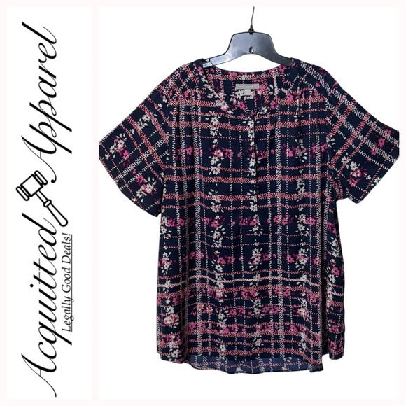 Woman Within Floral Plaid Short Sleeve Tunic Top - Picture 1 of 10